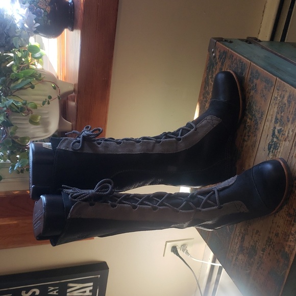 Sorel CATE THE GREAT WEDGE - WOMEN'S Boots Black & Gray Leather Knee High SZ 9 - Picture 2 of 7